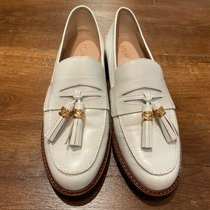 Stuart Weitzman White Women's Loafer with Gold Tassel